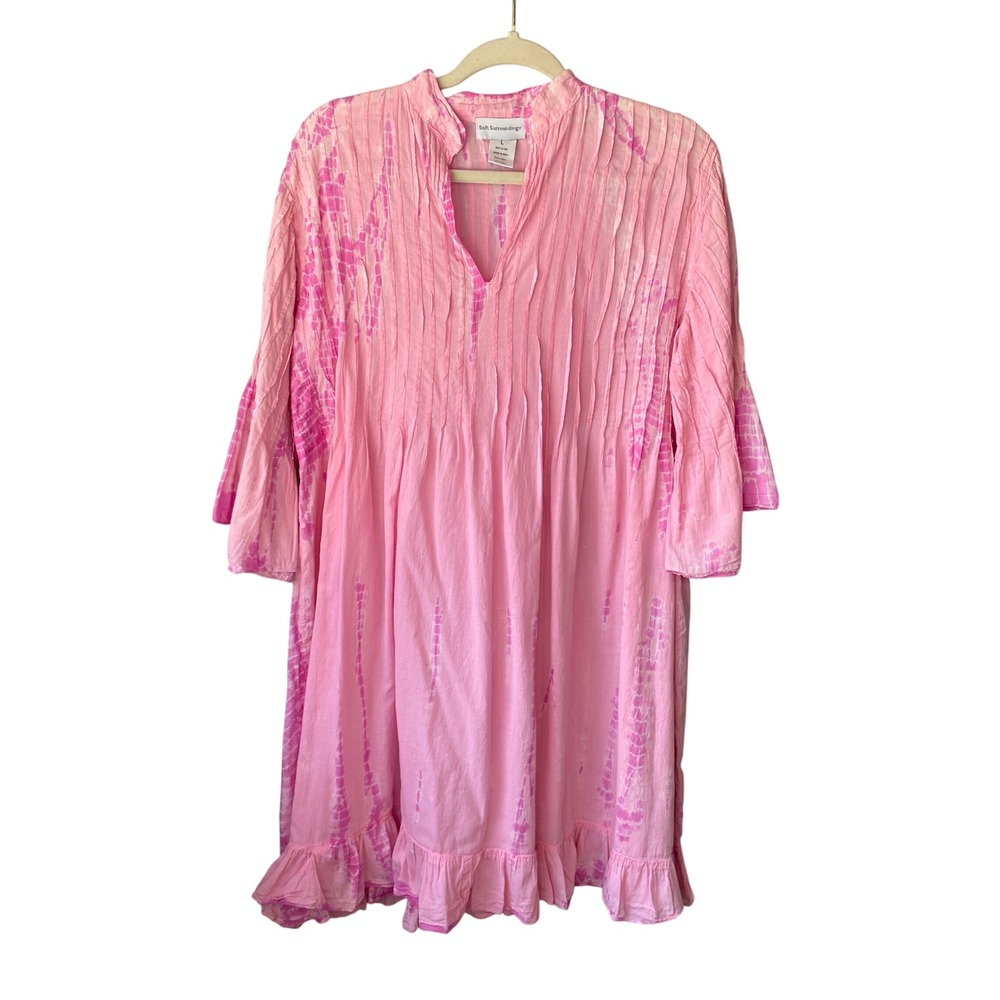 Soft Surroundings Pink Tie Dye Pintuck Cotton Gauze Ruffle Tunic Dress L 23977